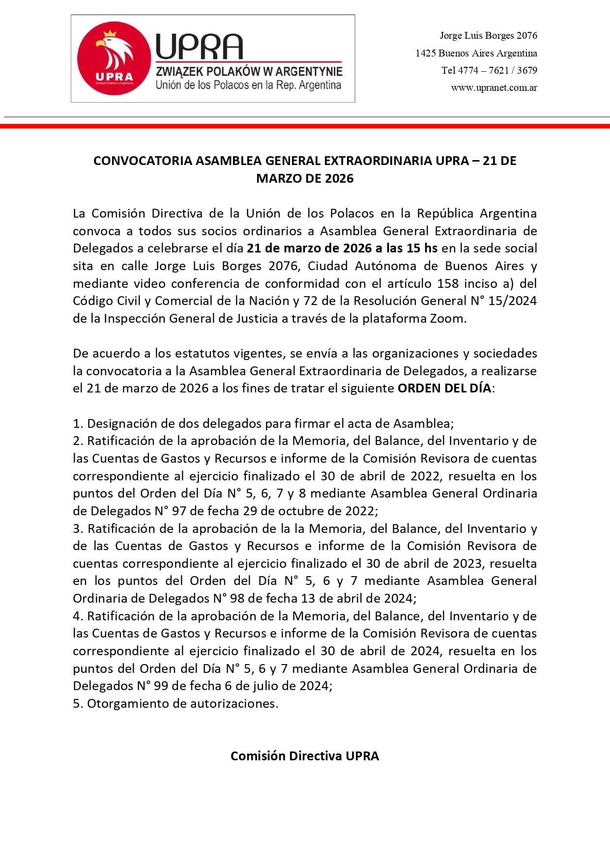 Convocatoria a Asamblea General Extraordinaria de UPRA